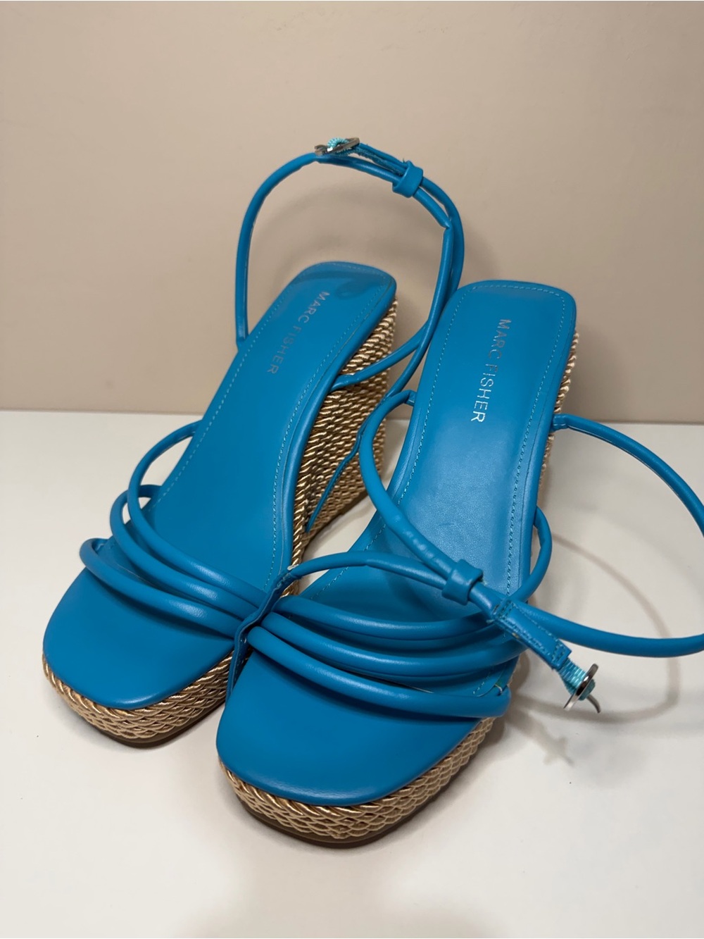 NWOT Marc Fisher Blue Strappy Wedge Sandals